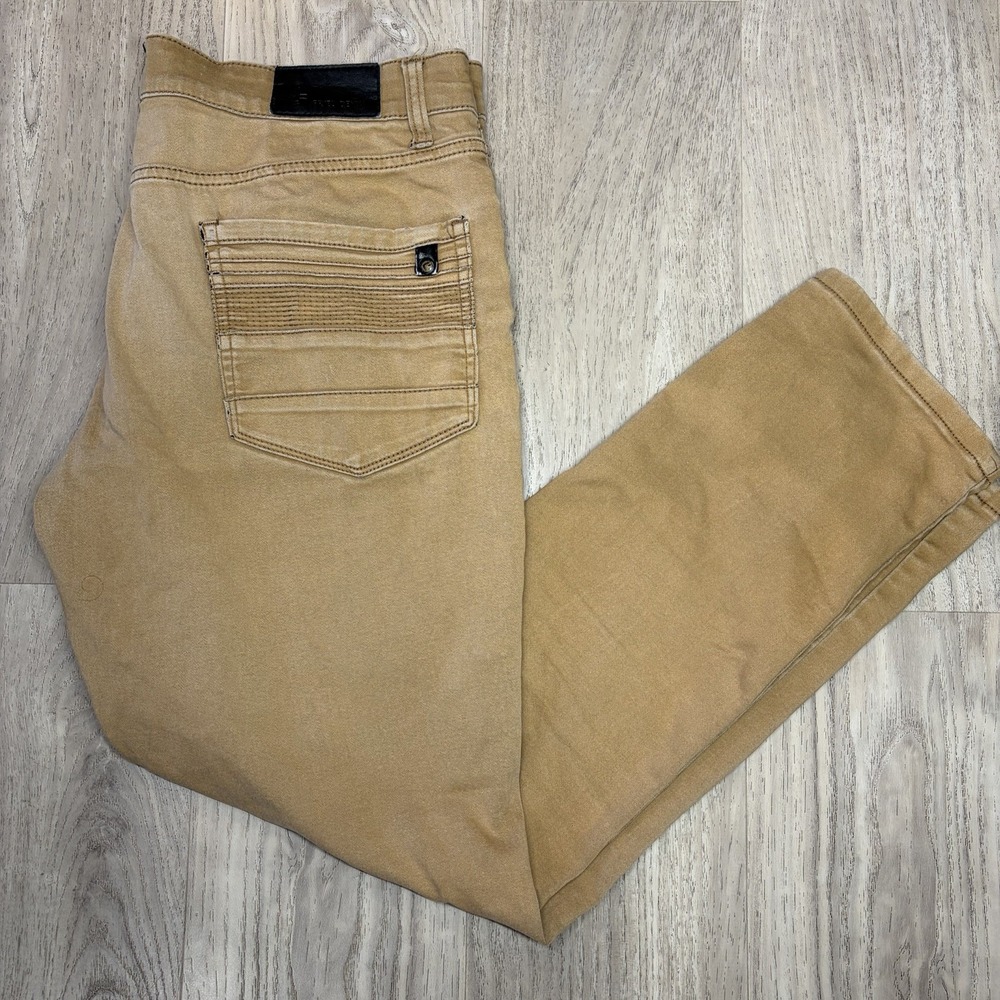 Fried Denim Pants Men's 34 X 32 Slim Khaki Flat Front Stretch Distressed Tan